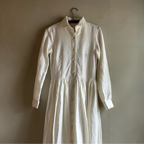 White linen dress- full length, long sleeve button up - Picture 4 of 7